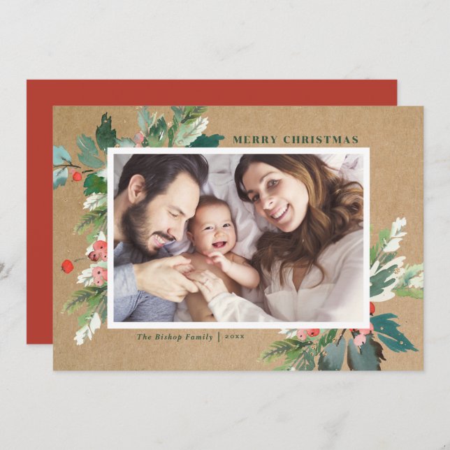 Watercolor Hollies Kraft Paper Foto Botânica (Frente/Verso)