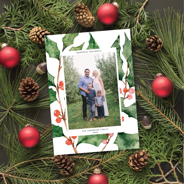 Watercolor Holly + Berries Holiday Cartão com foto (Criador carregado)
