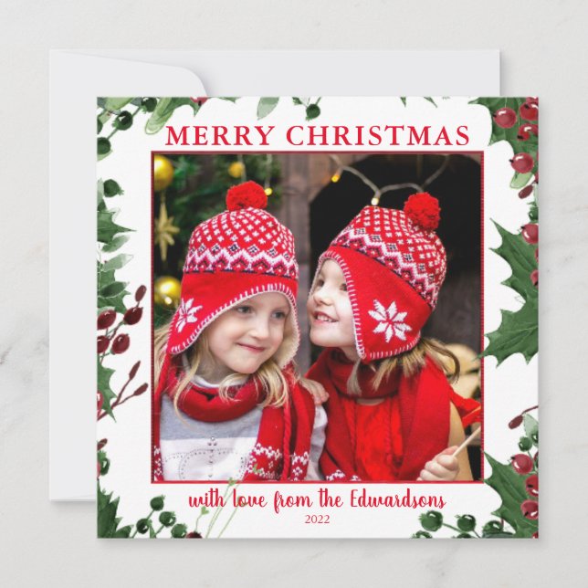 Watercolor Holly berry Foto de Natal Merry (Frente)