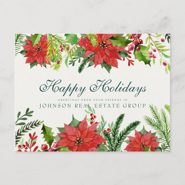 Watercolor Holly & Poinsettia | Cartões de natal (Frente)