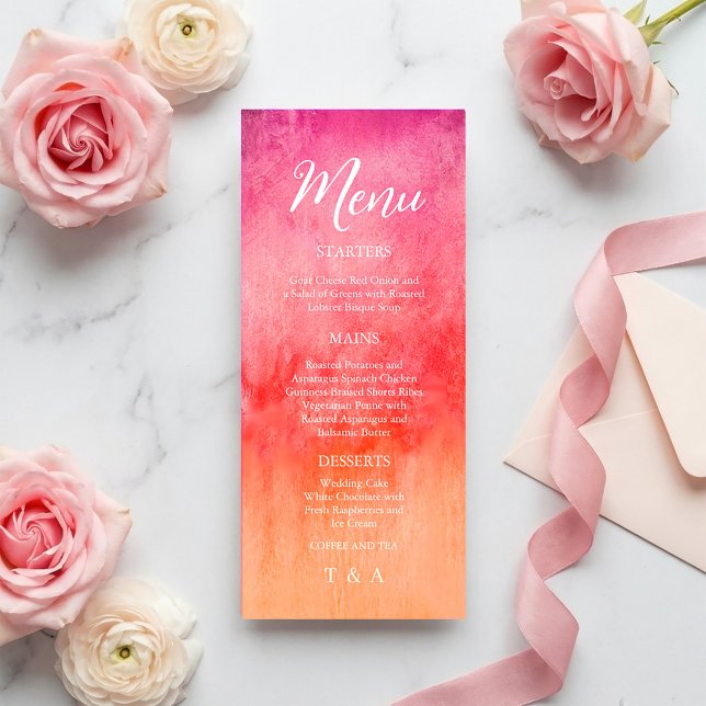 Watercolor Hot Pink and Orange Wedding  Menu (Watercolor Hot Pink and Orange Wedding Menu #menu #hotpinkandorange #springbloom #dinner #brightmenu)