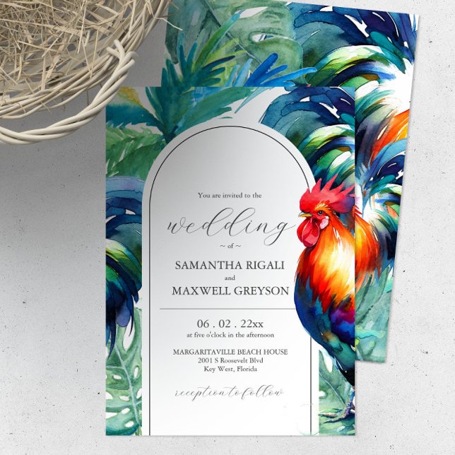 Watercolor Key West Flórida Convites para Casament (Bright color wedding invitations features unique rooster, palm tree and leaves watercolor art.)