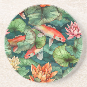 Watercolor Koi e Water Lily Sandstone Porta copos