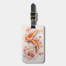 Watercolor Koi Japonês E Etiqueta De Bagagem Flora