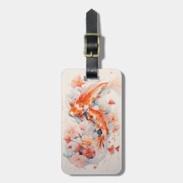 Watercolor Koi Japonês E Etiqueta De Bagagem Flora