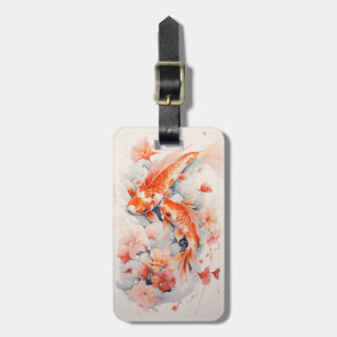 Watercolor Koi Japonês E Etiqueta De Bagagem Flora