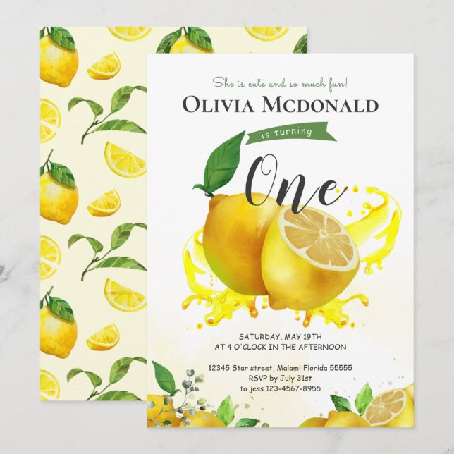Watercolor Lemon Birthday Convite (Frente/Verso)