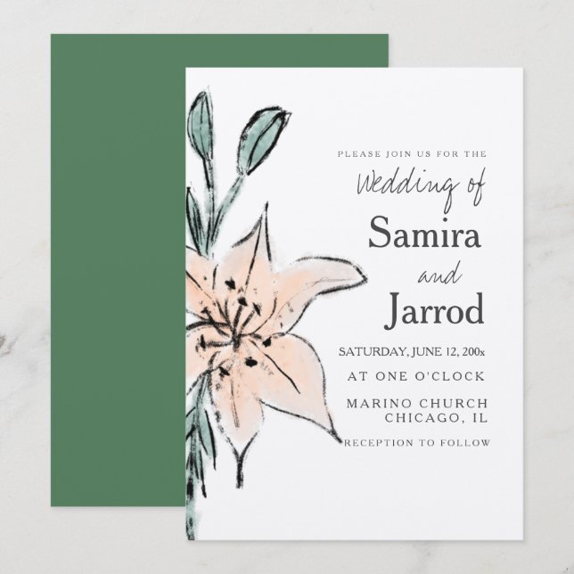 Watercolor Lily Floral Line Art Ink Wedding Kraft (Frente/Verso)