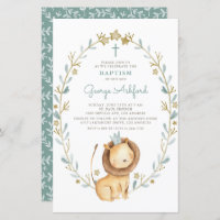 Watercolor Lion Prince Boy Baptism Convite