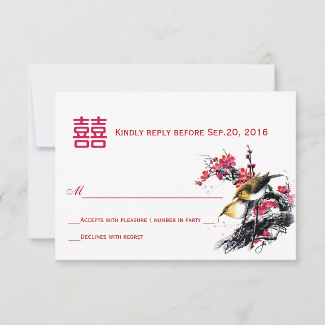 Watercolor Love Birds Chinês Xi RSVP (Frente)
