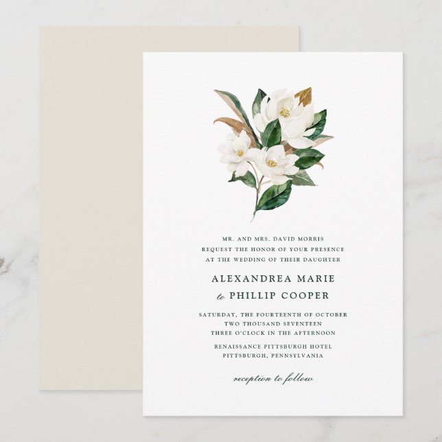 Watercolor Magnolia Convite Para Casamento (Frente/Verso)