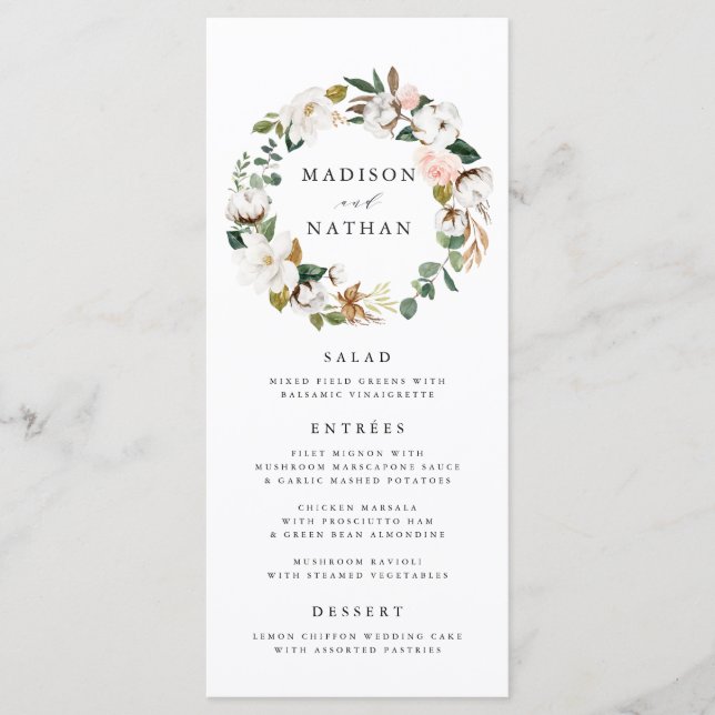 Watercolor Magnolias Wreath | Cartão de Menu Casam (Frente)