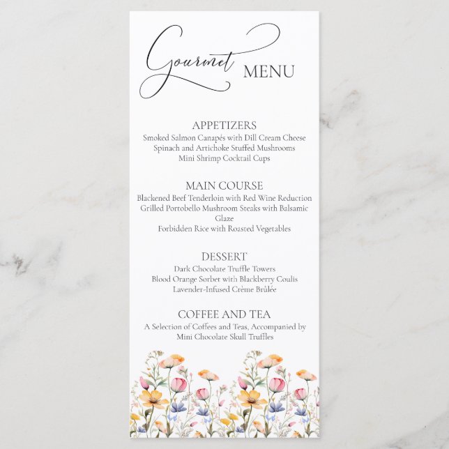 Watercolor Meadow Wildflower Weddflower Menu Gourm (Frente)