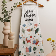 Watercolor Merry Christmas Pattern | Cooking Apron