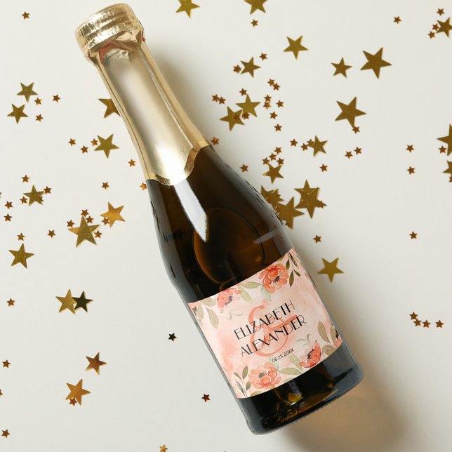 Watercolor Orange Floral Wedding Mini (Watercolor orange floral wedding mini sparkling wine bottle personalized labels)