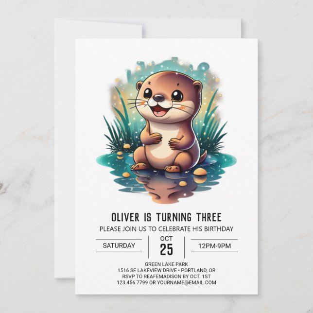 Watercolor Otter Fantasy Convite Aniversário (Frente)