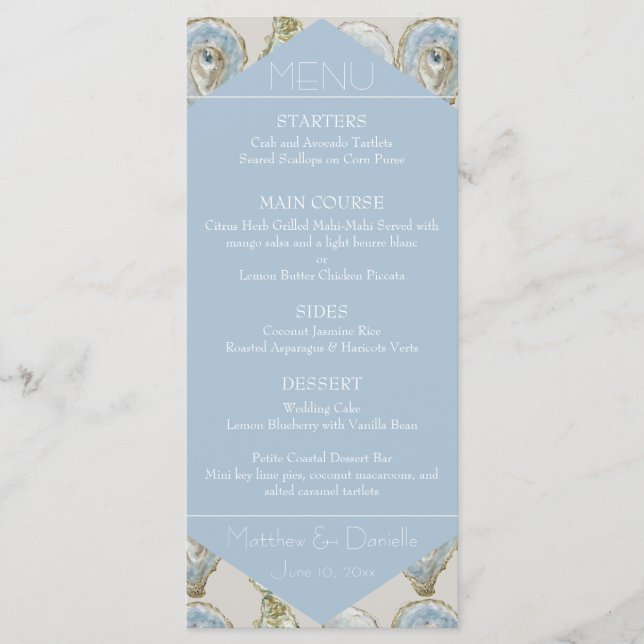 Watercolor Oysters Wedding- Light Blue Flat Menu (Frente)