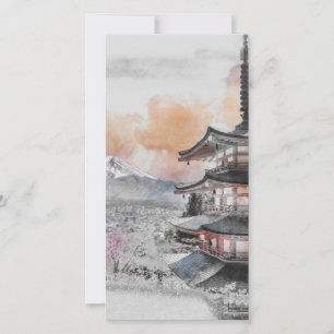 Watercolor Pagoda Japonês e Monte Fuji