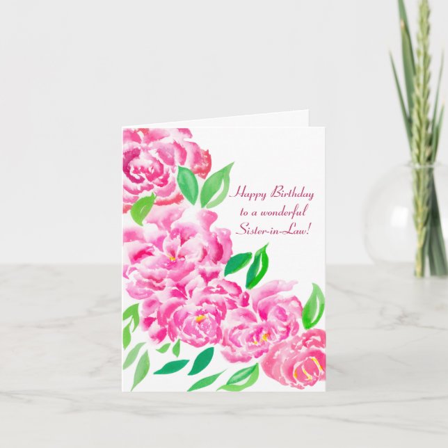 Watercolor Peonies Birthday - Cartão Sister-in-Law (Frente)