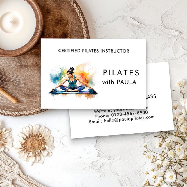 Watercolor Pilates Instrutor Cartão de visita (Certified Pilates Instructor Business Card by Busy Business Bee)