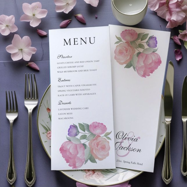  Watercolor Pink Rose & Peonie Wedding Menu (Criador carregado)