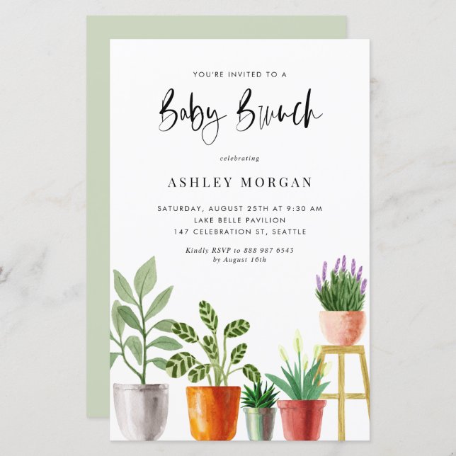 Watercolor Plantas Potentes Baby Brunch Convite (Frente/Verso)