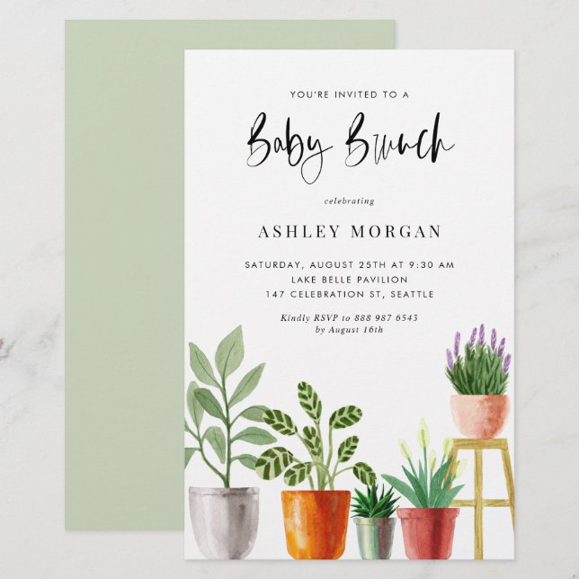 Watercolor Plantas Potentes Baby Brunch Convite (Frente/Verso)