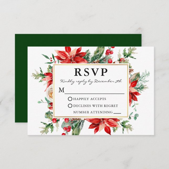 Watercolor Poinsettia Floral Green Wedding RSVP (Frente/Verso)