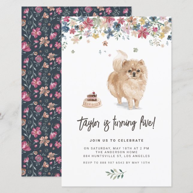 Watercolor Pomeranian Dog Birthday Invent (Frente/Verso)
