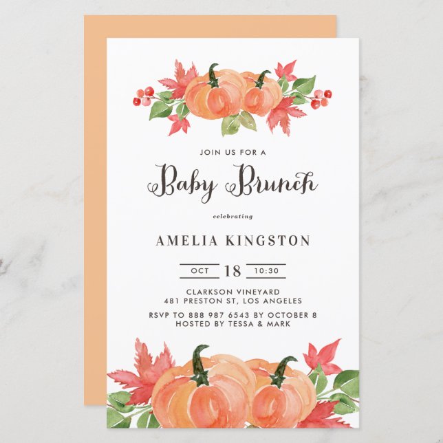Watercolor Pumpkins Fall Baby Brunch (Frente/Verso)