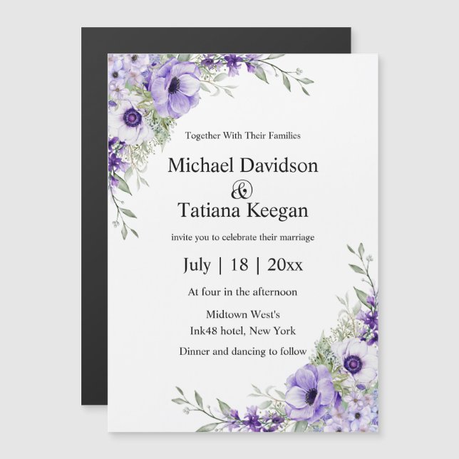 watercolor purple floral wedding invitation magnet (Frente/Verso)
