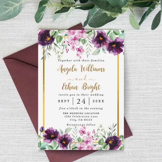 Watercolor Purple Florals Convite Para Casamento (Criador carregado)