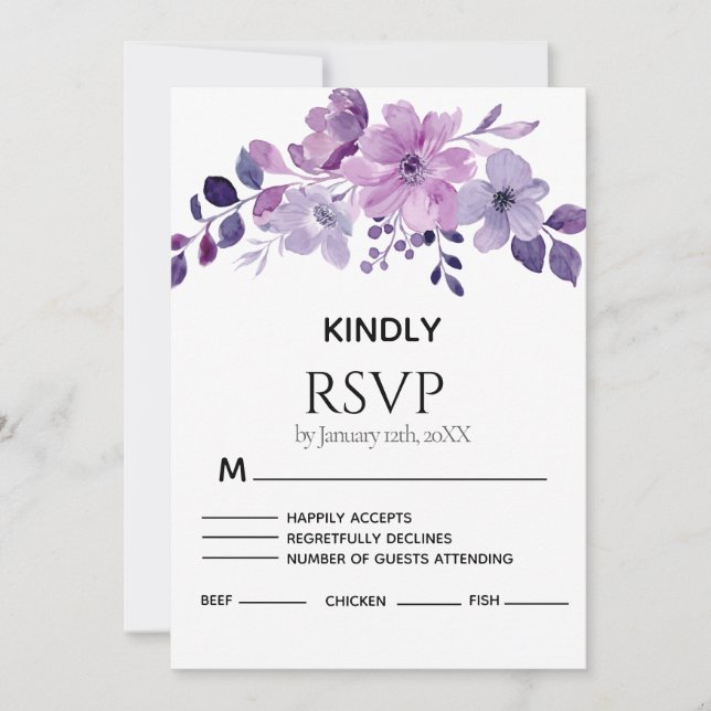 Watercolor purple flower bouquet RSVP card (Frente)