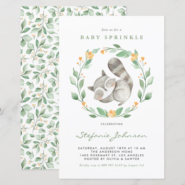 Watercolor Raccoon Greenery Baby Sprinkle Invite (Frente/Verso)