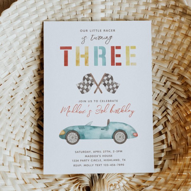 Watercolor Race Car Terceiro Convite de Aniversári (Criador carregado)