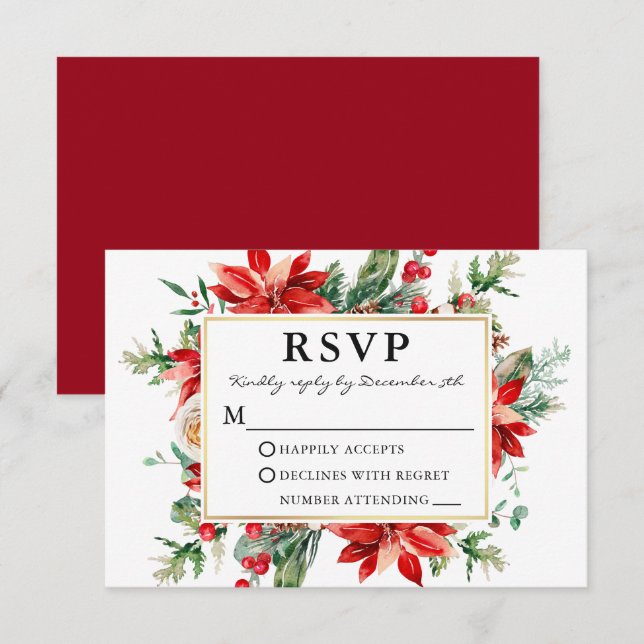 Watercolor Red Poinsettia Floral Wedding RSVP (Frente/Verso)