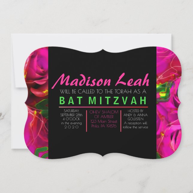 WATERCOLOR ROSAS PINK NEON Bat Mitzvah Convite (Frente)