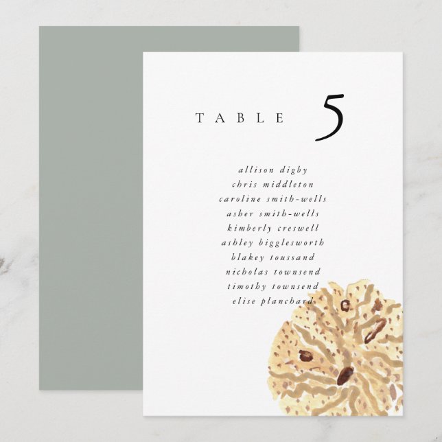 Watercolor Sand Dollar 5x7" Wedding Seat Chart (Frente/Verso)