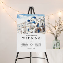 Watercolor Santorini Greece Wedding Welcome Sign