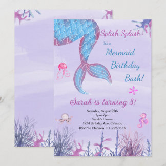 Watercolor Sereid Tail Roxo Convite de Aniversário