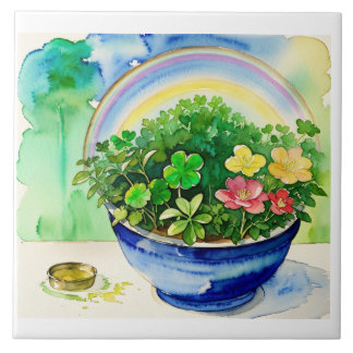 Watercolor Shamrock & Rainbow Azulejo - Irlandês
