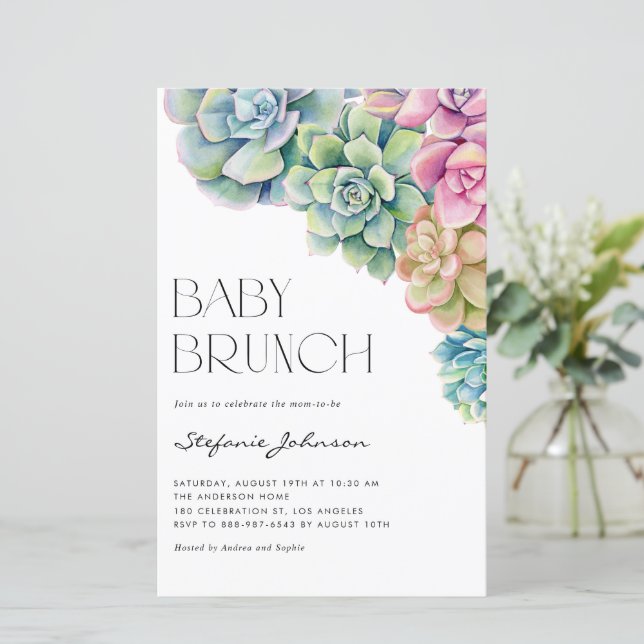 Watercolor Succulents Baby Brunch Convite (Em pé/Frente)