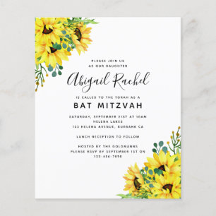 Watercolor Sunflower Budget Bat Mitzvah Convite