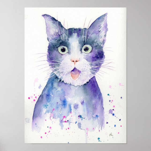 Watercolor Surprised Cat Portrait Poster (Frente)