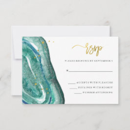 Watercolor Teal Geode e Faux Dourado Wedding RSVP
