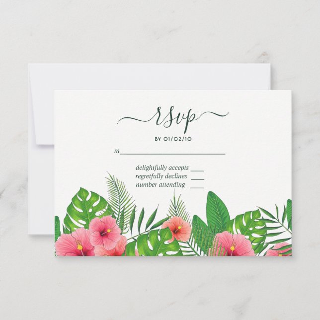 Watercolor Tropical Leaves Beach Weding RSVP (Frente)