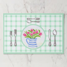 Watercolor TULIP Blue Vase Gr Check Paper Placemat