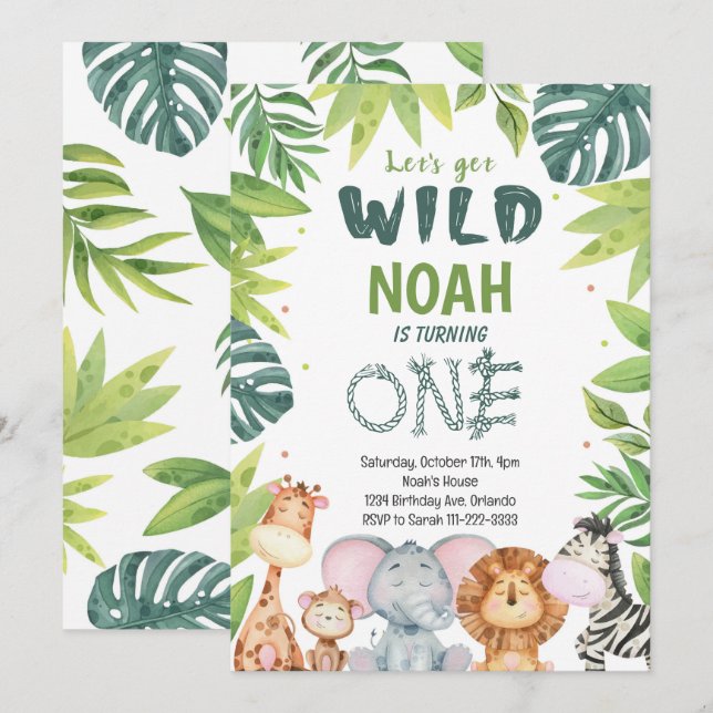 Watercolor Wild One Safari - Convite para primeiro (Frente/Verso)