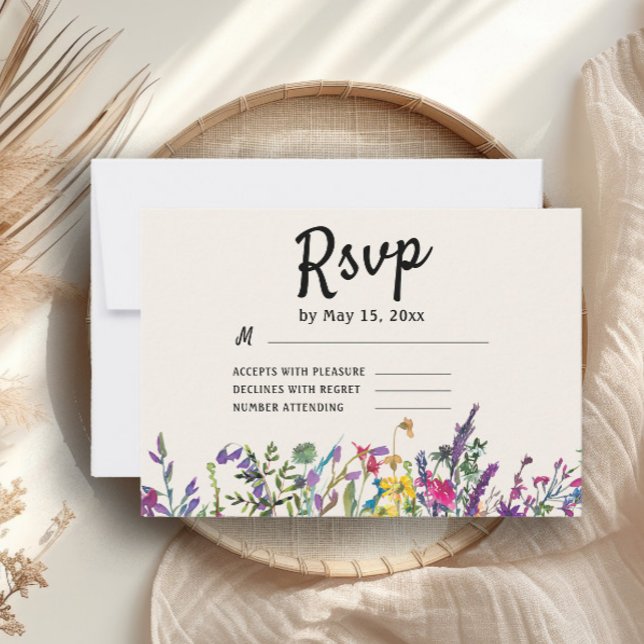 Watercolor Wildflower Boho Country Weding RSVP (Watercolor wildflowers wedding RSVP card)