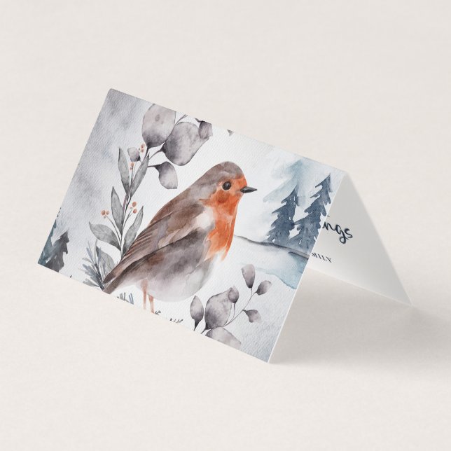 Watercolor Winter American Robin Foled Card (Frente)